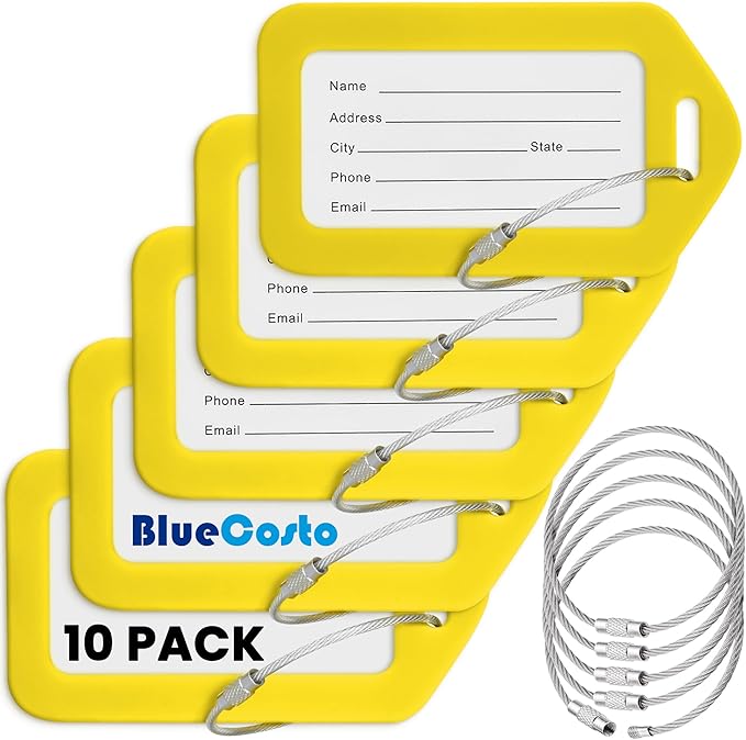 BlueCosto - Luggage Tags - Yellow, 10 Pack - Suitcase Tags with Name ID Card & Heavy-Duty Metal Wire Loops - Bright Colored PVC Identifiers for Travel Baggage - Backpack Name Labels