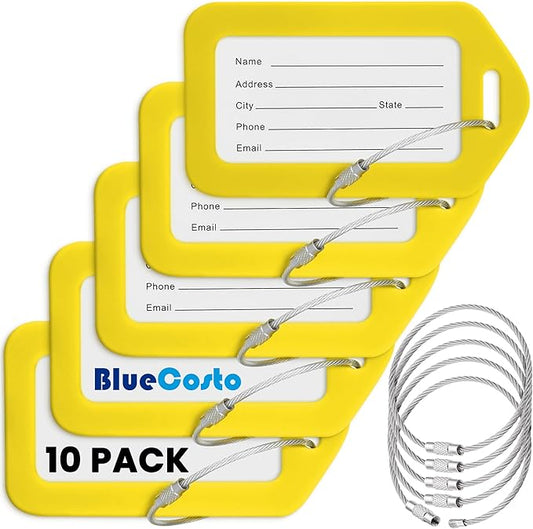BlueCosto - Luggage Tags - Yellow, 10 Pack - Suitcase Tags with Name ID Card & Heavy-Duty Metal Wire Loops - Bright Colored PVC Identifiers for Travel Baggage - Backpack Name Labels