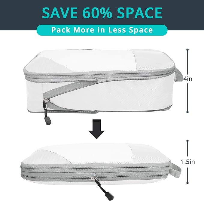 Compression Packing Cubes 6 Set, Compressible Space-Saving Packing Cubes for Travel - Compression Bags, Luggage Organizer, Travel Essentials for Women, White