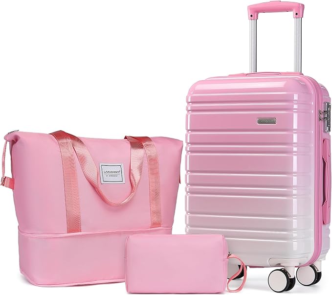 LARVENDER Luggage Sets 3 Piece, 20 Inch Carry on Luggage 22x14x9 Airline Approved Hardside PC+ABS Suitcase Set with Spinner Wheels TSA Lock, Lightweight Luggage Set for Women, Peach Sparkling