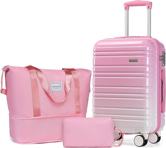 LARVENDER Luggage Sets 3 Piece, 20 Inch Carry on Luggage 22x14x9 Airline Approved Hardside PC+ABS Suitcase Set with Spinner Wheels TSA Lock, Lightweight Luggage Set for Women, Peach Sparkling