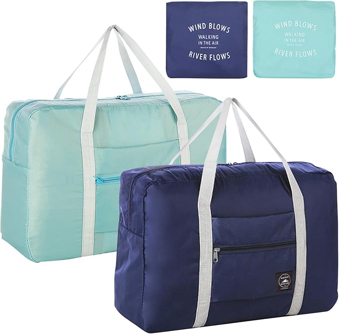 Foldable Travel Duffel Bag 2PCS Tote Carry on Luggage Bag Spirit Airlines Personal item Sports Gym Bag Water Resistant Weekender Overnight Bags for Women and Men (Green+Blue)