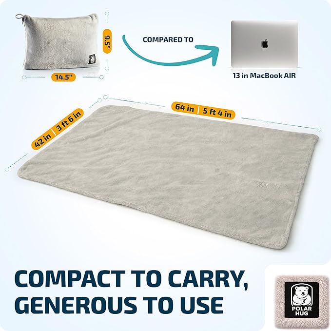Travel Blanket and Pillow Set — Airplane Blanket with Inflatable Pillow and Cotton Pillowcase, Travel Blanket Combo with Back-Neck Snaps for Long Flights