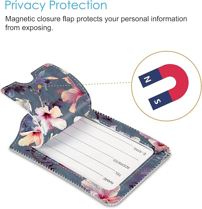Fintie Luggage Tags, Privacy Cover ID Label with Stainless Steel Loop and Address Card for Travel Bag Suitcase - Blooming Hibiscus (2 Piece)