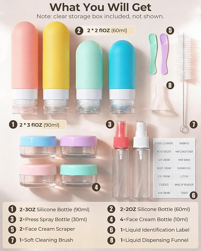 17 Pack Dopamine Color Travel Bottles for Toiletries, TSA Approved Leak Proof Silicone Travel Containers for Toiletries with Label