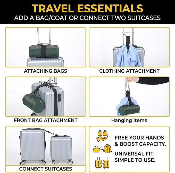2 PCS Luggage Straps for Add a Bag Adjustable Bungee Elastic Belt Easy to Connect Two Suitcases Travel Essentials Multi-Functional Durable Secure Carry for Attaching Extra Bags Purse