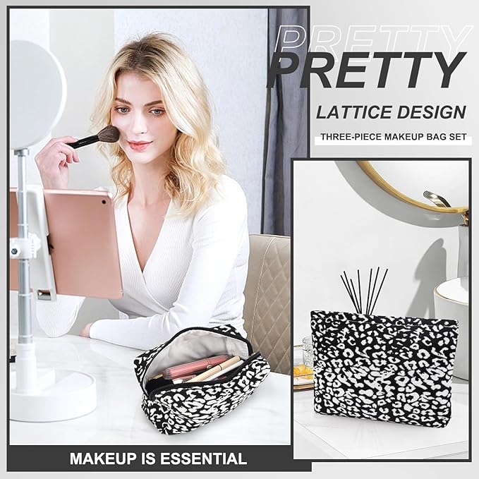 EIMMBD Makeup Bag 3 Pieces Large Capacity Cosmetic Bags Travel Toiletry Bag Organizer Cute Makeup Pouch Storage for Women(Black White)