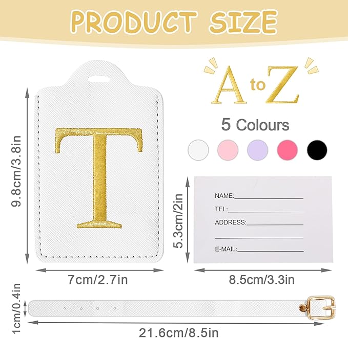 Initial Letter Luggage Tag for Suitcase, Cute Luggage Bag, Waterproof PU Leather Travel Luggage Tag, Suitcase Identifier Name Tag, Monogrammed Suitcases Tags, Bag Tags for Handbags(White T)
