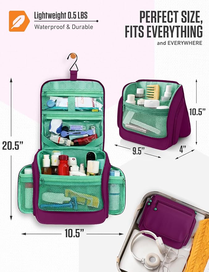 VENTURE 4TH Hanging Travel Toiletry Bag for Women & Men – Large Toiletry Organizer with 18 Compartments, Removable TSA Pouch, Travel Wash Bag for Toiletries, Makeup & Shaving Kit (Purple/Mint)