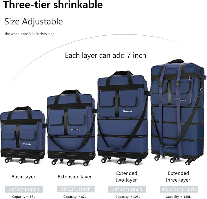 130L Expandable Luggage, 40 Inch Suitcase with Wheels, Collapsible Luggage with Wheels, Rolling Duffle Bag with wheels,Foldable Suitcase with2Handle Wrap 2Fixing Straps 1Shoulder Strap (Blue)