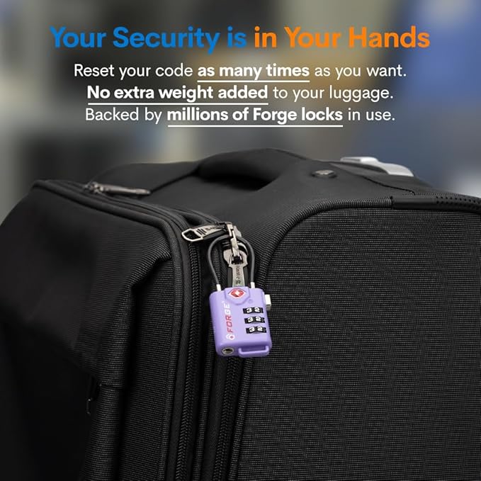 Forge TSA Approved Luggage Locks, Re-settable Combination with Alloy Body, Light Purple 2 PK, for Luggage, Suitcase, Backpack and More.