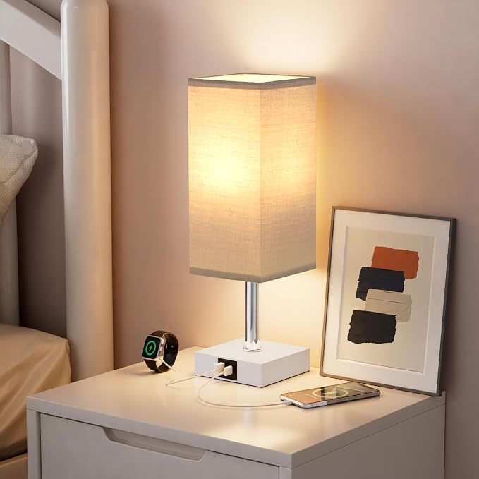 Touch Table Lamp for Bedroom - Dimmable, USB C+A, Grey Lamphade White Base | 3-Way Dimmable, 3000K LED Bulb Included, Square Lampshade, Cute Room Decor for Teen Girls, Kids, Small Lamp for Dorm, Nursery