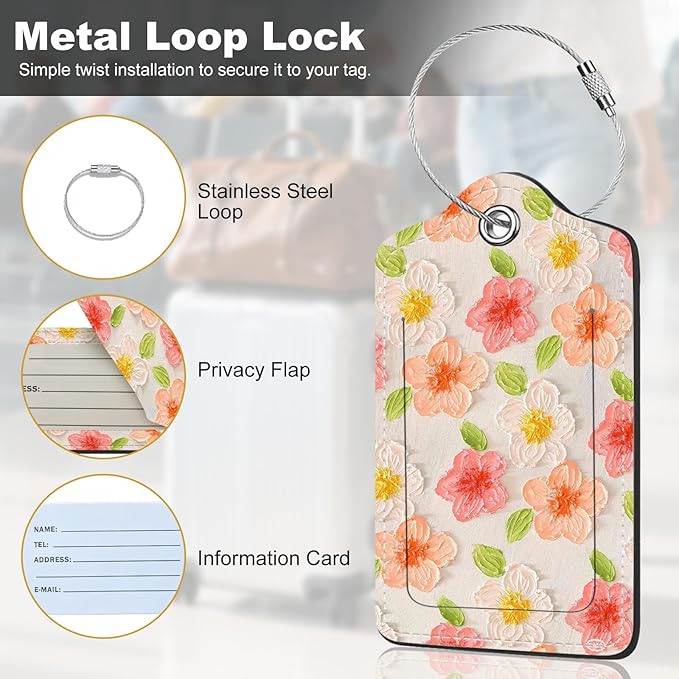 2Pack Luggage Tags for Suitcases, Cute Unique Pu Leather Cruise Luggage Tag with Privacy Cover ID Label Address Card and Metal Ring Suitable for Women Men Kids Travel Bag Pink Flower 1