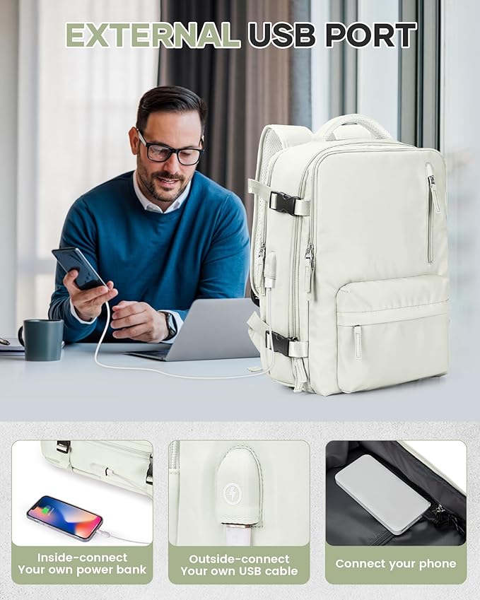 VECAVE Vacuum Travel Backpack with Pump for Women, Personal Item Carry on Backpacks Flight Approved 18x14x8 inches for Men,Laptop Waterproof Work Compression bags Casual Daypack YYWhite