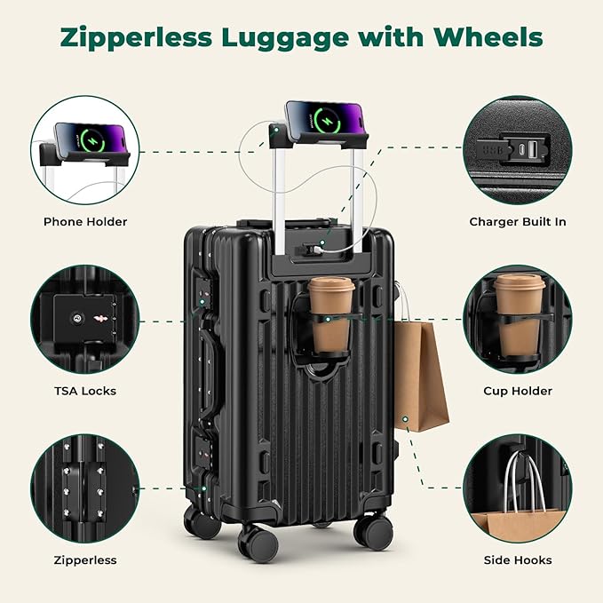 20 Inch Carry On Luggage, Aluminum Frame Zipperless Luggage, Hard Shell Suitcase with Charging Port, Cup Holder, TSA Lock, Phone Holder for Travel and Business Travel