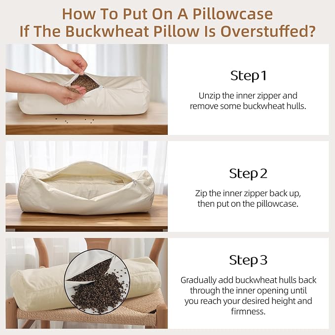 LOFE Buckwheat Pillow - Adjustable Buckwheat neck Pillow(17x6) to Provide Firm Support, Neck Roll Pillows for Side and Back Sleepers, Cylinder Bolster Pillows with Organic Pillowcase