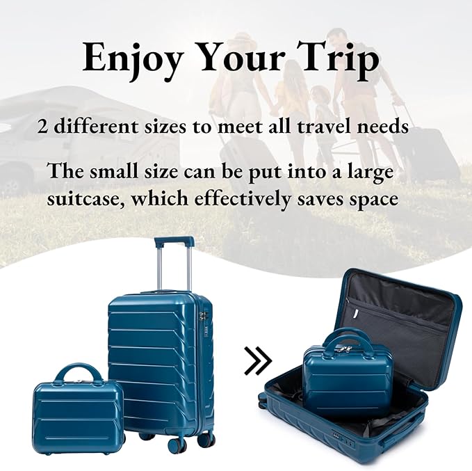 2-Piece ABS Hard Shell Lightweight Carry-On Luggage Set (14" & 20"), 360-Degree Spinner Wheels, Adjustable Telescopic Handle and Combination Lock for Travel, Dark Blue