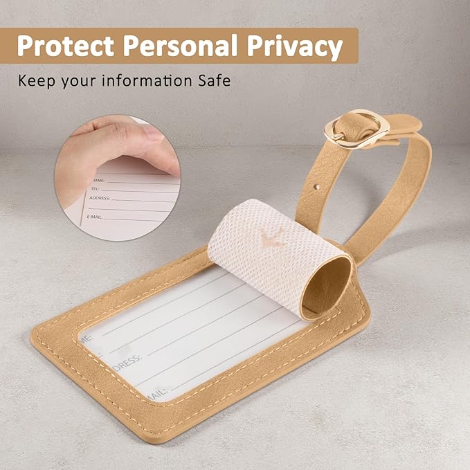 1Pack Luggage Tag, PU Leather Suitcase Tags Identifiers Privacy Cover ID Label for Travel Bag Suitcase with 2 Pack Luggage Straps for Hats, Bags and Travel Accessories(L-Light Golden)