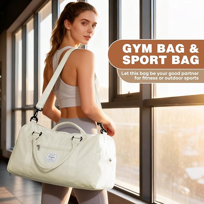 Weekender Duffel Bags for Women, Travel Totes Bag for Airplane, Cute Sports Gym Dance Bag Overnight Luggage Bag with Wet Pocket Shoe Compartment, Carry On Hospital Bag for Labor and Delivery, White