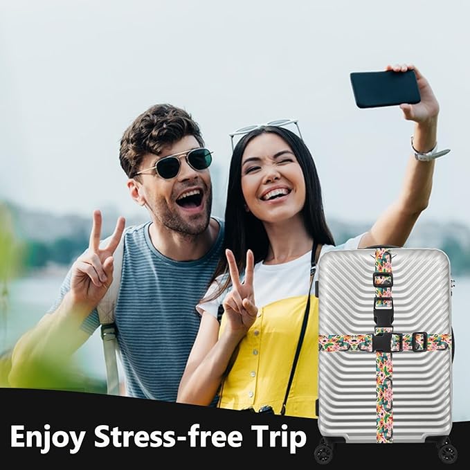 2 Pack Luggage Straps for Suitcases, Adjustable Travel Belt with Double Lock, Bright Colors Travel Packing Straps with Quick Release Buckle Unique Nylon for Sleeping Bag Car Seat (Flower Mix)