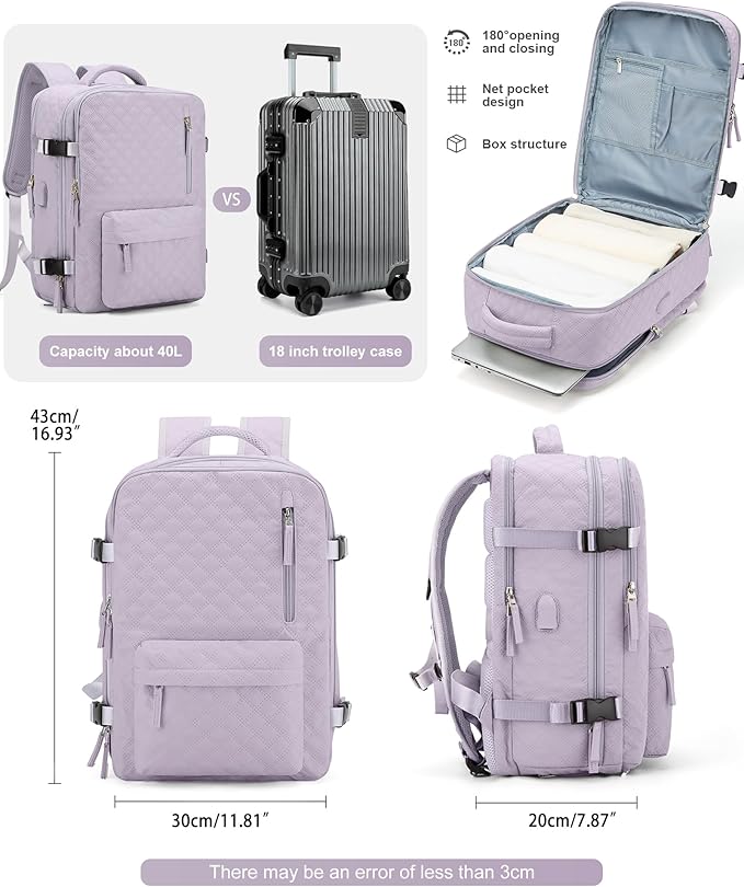 VGCUB Large Travel Backpack for Women Men, Carry on Backpack Airline Approved Gym Backpack Waterproof Business Laptop Daypack,Purple