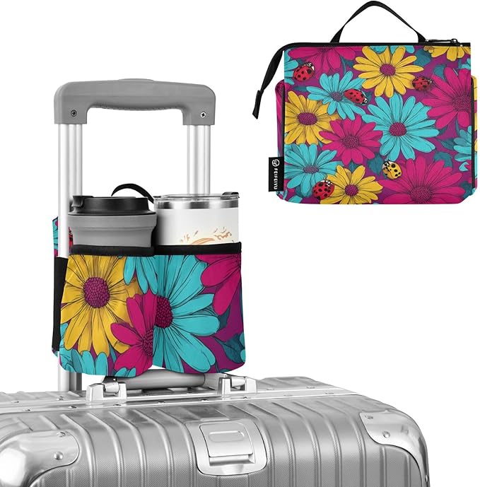 Luggage Cup Holder for Suitcases Free Hands Travel Cup Holder Portable Suitcase Cup Drink Holder Luggage Cup Caddy Bag Carrier Dark Cosmos Ladybug Vibrant Bold