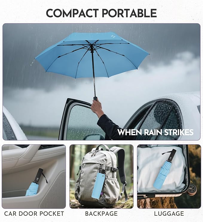 Windproof Travel Umbrella for Rain - 43" Compact Folding Umbrella, Reinforced Strong Frame, Lightweight Portable Parasol with UPF 100+ UV Sun Protection, Cruise Ship Essentials