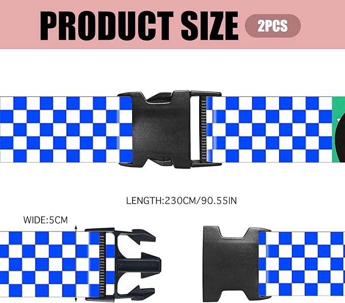 Nuxovilar Luggage Straps of 2 Set Blue White Checkered Pattern, 1.96x90.5 inches - Luggage Straps for Suitcases, Ideal for Sea Trips, Casual Trips, Daily Use