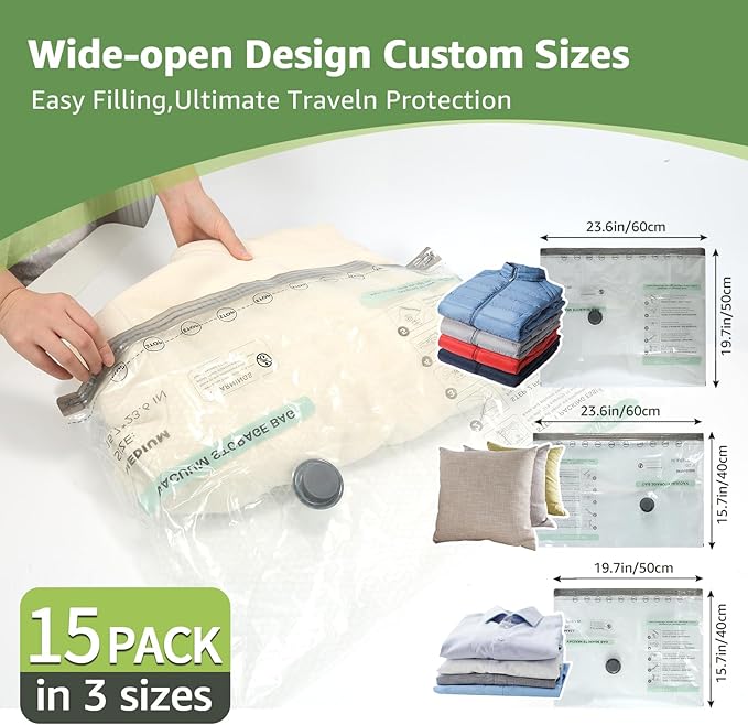 Vacuum Bags for Travel with Rechargeable air Pump, 3 Sizes Vacuum Seal Bags for Clothing, Space-Saving Compression Storage Bags for Travel & Closet Organization (15)