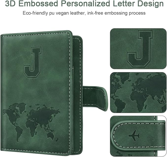 Personalized J Passport Holder Cover Initial Letter Travel Wallet RFID Blocking Passport Cover Credit Card Holder Case Passport Book Holders for Women and Men, Pine Green-J