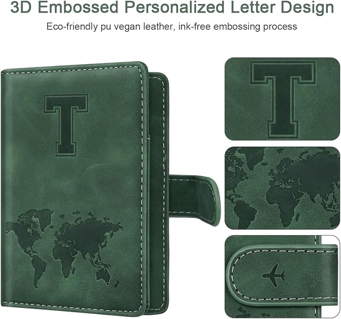 Personalized T Passport Holder Cover Initial Letter Travel Wallet RFID Blocking Passport Cover Credit Card Holder Case Passport Book Holders for Women and Men, Pine Green-T