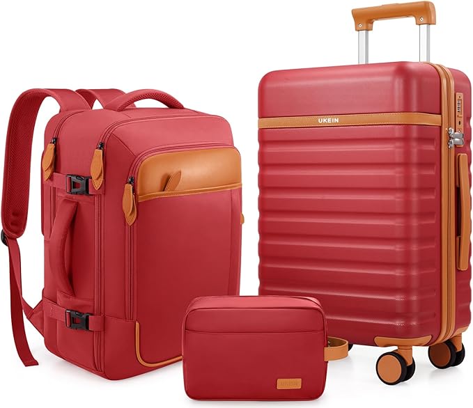 UKEIN Luggage Sets 3 Piece, PC Hardside Large Luggage 24 Inch With Spinner Wheels with TSA Lock, Carry On Suitcase Set With Travel Backpack for Men (Red, 3 piece set (24inch))