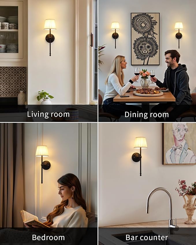 KDG Black Cordless Wall Sconces Set of 2, Beige Fabric LED Wall Lamps | Wireless Small Rechargeable Battery, Portable Lighting for Wall Painting, Living Room, Bedroom, Hallway, Gifts, Night Light