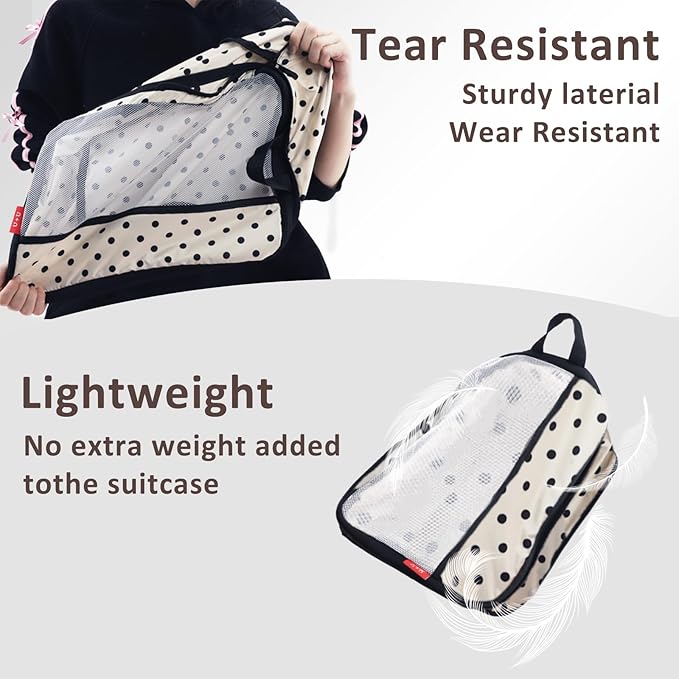 U+U 6 Set Compression Packing Cubes - Ultralight Travel Organizers with Laundry Bag, Space-Saving Suitcase Organizer, Expandable Packing Cubes for Travel, Business Trip and Family Vacation (Polka Dot)