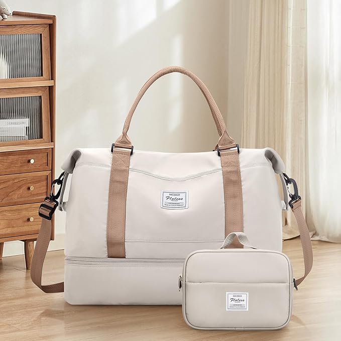 Weekender Bags for Women,Overnight Travel Duffel Bag with Shoes Compartment& Toiletry Bag,Extra Large(Beige & Brown)