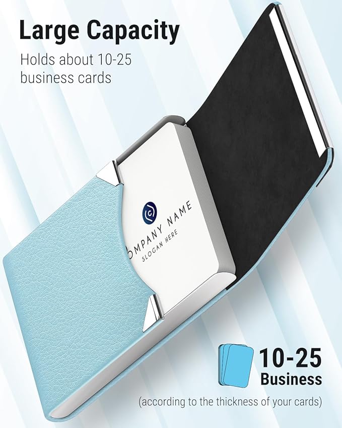 MaxGear Business Card Holder, Slim PU Leather & Stainless Steel Business Card Case for Men & Women, RFID Blocking Name Card Holder with Magnetic Closure, Light Blue