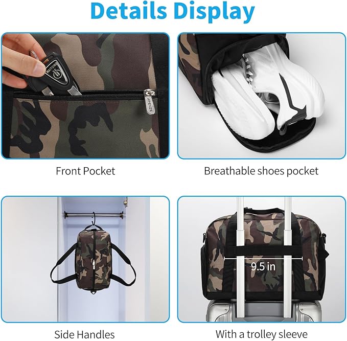 Small Gym Bag 14 inch lightweight Carry On Mini Duffel Bag with Shoe Compartment for Travel Sport - Camouflage