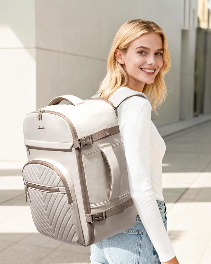 LOVEVOOK 50L Travel Backpack for Women Men, TSA Personal Item Travel Bag Fits 17.3inch Laptop, Waterproof Airline Approved Carry On Luggage With 2 Cubes for Weekender Hiking Business, Beige