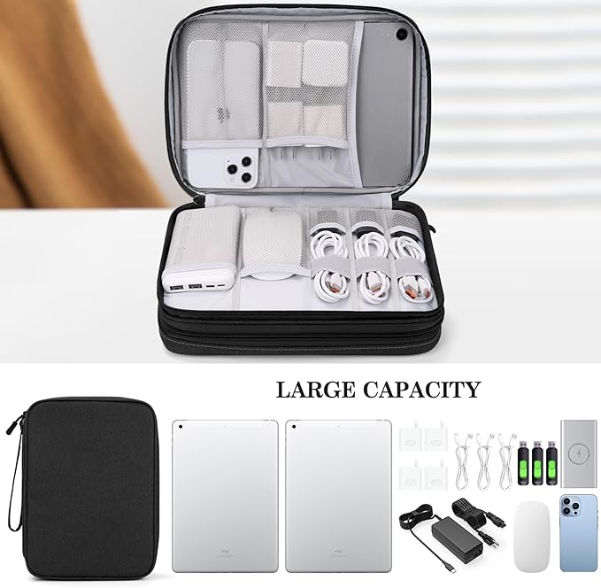 FYY Electronic Organizer, Extra Large Travel Cable Organizer Bag Pouch Portable Waterproof Double Layers All-in-One Storage Bag for iPad, Cable, Power Bank, Laptop Charger for Office/Home, Black