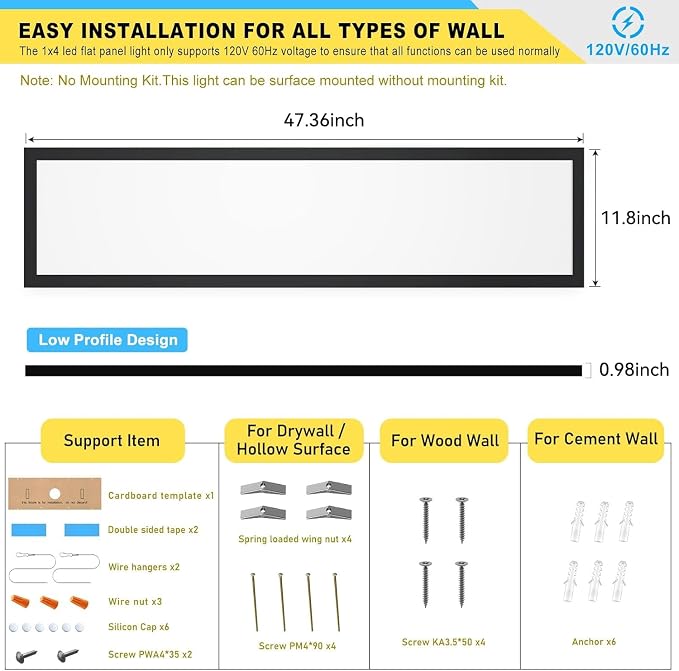 AIKVSXER 12 Pack 1x4 LED Flat Panel Light Surface Mount Black, 5500LM 50W | TRIAC 10-100% Dimmable LED Ceiling Light, 3000/4000/5000k AC120V Kitchen Lights Ceiling Flush Mount for Garage/Basement