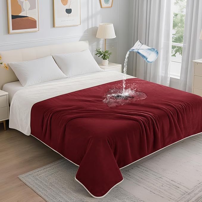 LOOBANI Waterproof Blanket for Bed: Reversible Soft Flannel King Size Bed Blanket 85" x 108", Waterproof Dog Blankets for Large Dogs, Spill-Proof Cover for Furniture Protection, Movie Time, Red