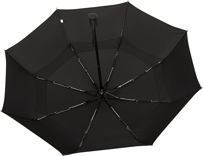 Amazon Basics Round Travel Umbrella with Auto Open/Close Button, Wind-Proof Compact Design, Wind Vent, Strong Alloy Steel Frame, Soft-Grip Handle, Storage Sleeve, 11" When Closed, Black