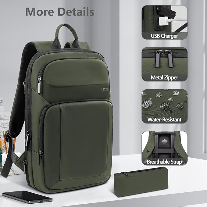Backpack for Men Slim & Expandable Travel Laptop Backpack with USB Charging Port Water Resistant Anti-Theft Business Backpack Fits 17.3In Laptop for Commute Work College with Small Bag(Olive Green)