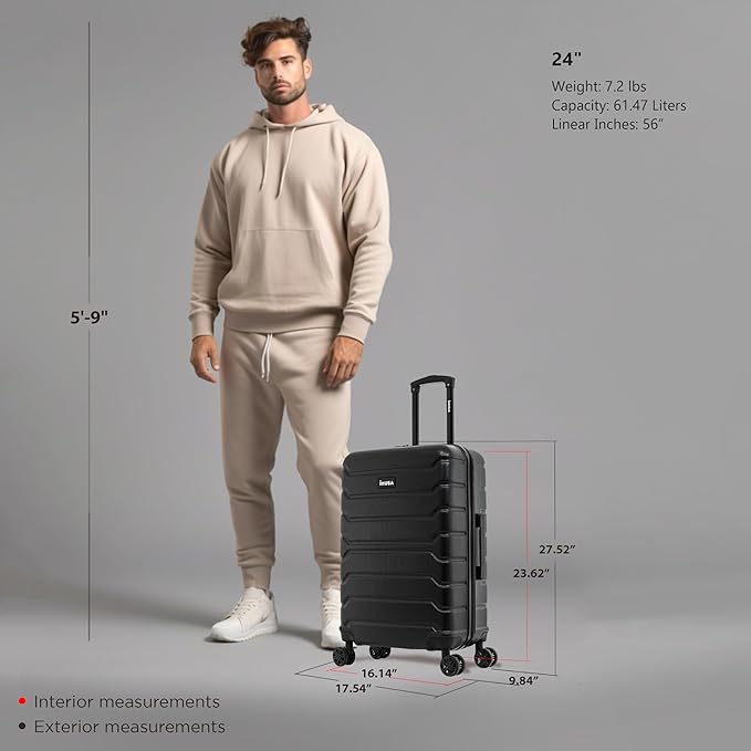 InUSA TREND Luggage with Spinner Wheels | Durable lightweight Hardside Suitcase, Travel bag with Handle and Trolley, 24-Inch Medium Checked luggage | Black