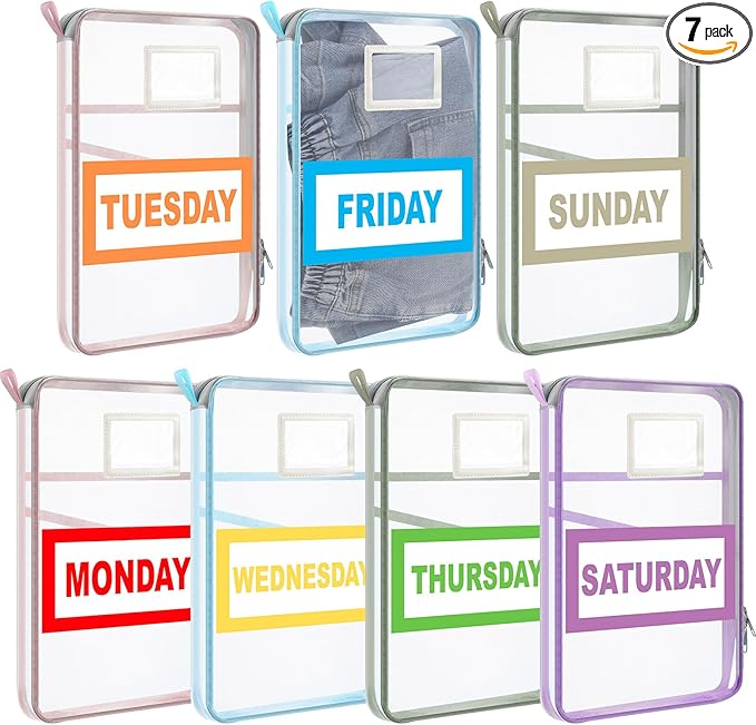 Honoson 7 Pack Packing Cubes for Travel Days of Week Packing Cubes with Labels Clear Zippered Storage Bag for Travel Summer Camp Essentials