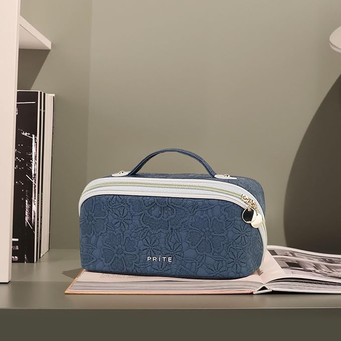 Prite Makeup Bag for Women Travel Waterproof Vegan Leather Cosmetic Bag Open Flat Toiletry Bag With Clear Divider and Handle (Large Blue Flower)
