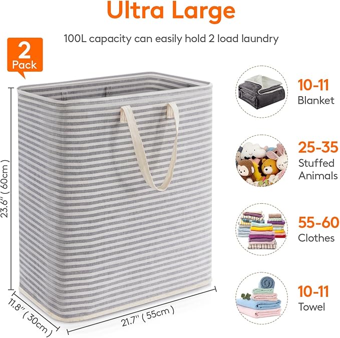 Lifewit 2 Pack Laundry Basket 100L Each, Collapsible Clothes Hamper with Reinforced Handles, Freestanding Waterproof Design for Bedroom and Laundry Room, Grey 200L Total