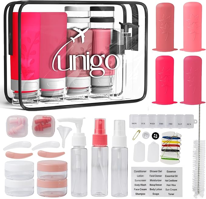 unigo Silicone Travel Bottles Set for Toiletries, Airplane Approved TSA Carry On Size, BPA Free Leakproof Refillable Squeeze Containers with Labels, Cleaning Brush and Covers (Pink)