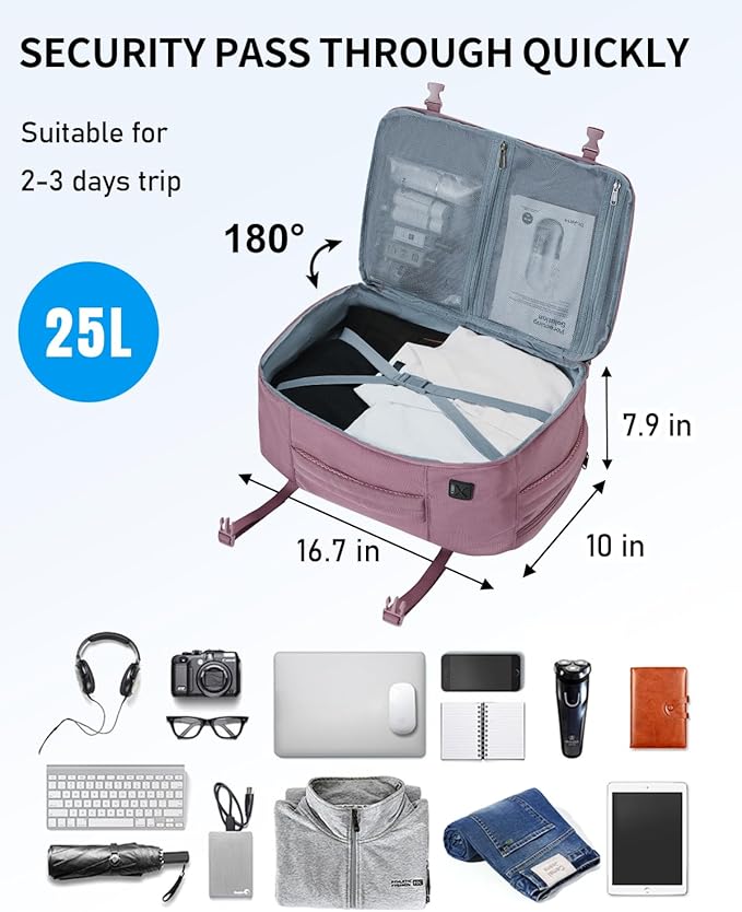 ECOHUB 17'' Travel Backpack, Personal Item Backpack with 13 Pockets, Flight Approved Carry on Backpack with USB Port & Luggage Sleeve, Travel bag for Women, Water Resistant Backpack, Pink