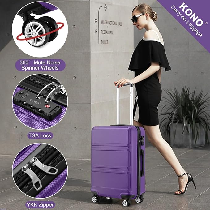 Kono 4 Piece Luggage Sets Expandable(only 28") with Spinner Wheels TSA Lock Lightweight PC+ABS Hardside Travel Rolling Suitcases 20in 24in 28in Carry on and 12in Mini Cosmetic Case Purple